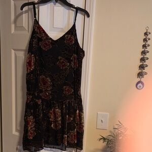 Floral Black Slip Dress with Red Rose Print